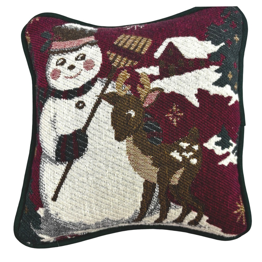 Christmas Tapestry Snowman Reindeer Small Decorative Pillow Red Green 8x8